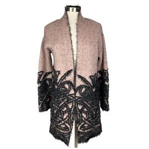 Renuar Womans Open Front Cardigan Duster Blush Black Scroll Print size Small